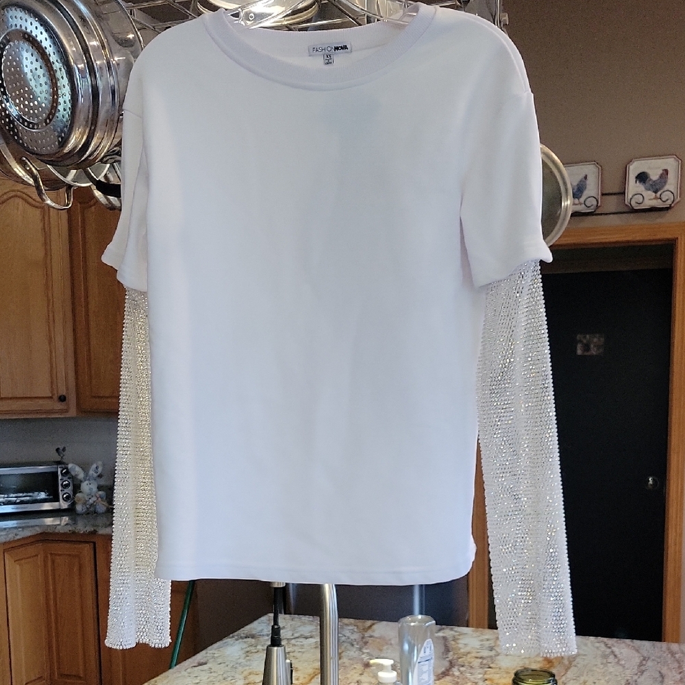 Fashion Nova White Top with Sparkling Rhinestone Silver Sleeves Size XS